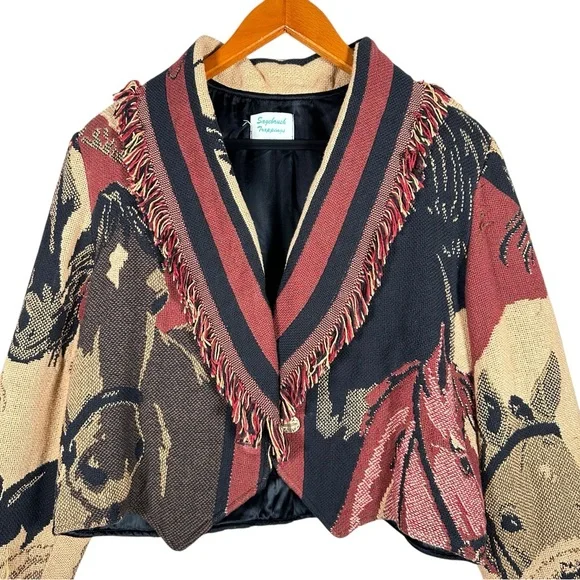VINTAGE Cropped Horse Print Fringed Throw Blanket Western Jacket - Picture 5 of 14